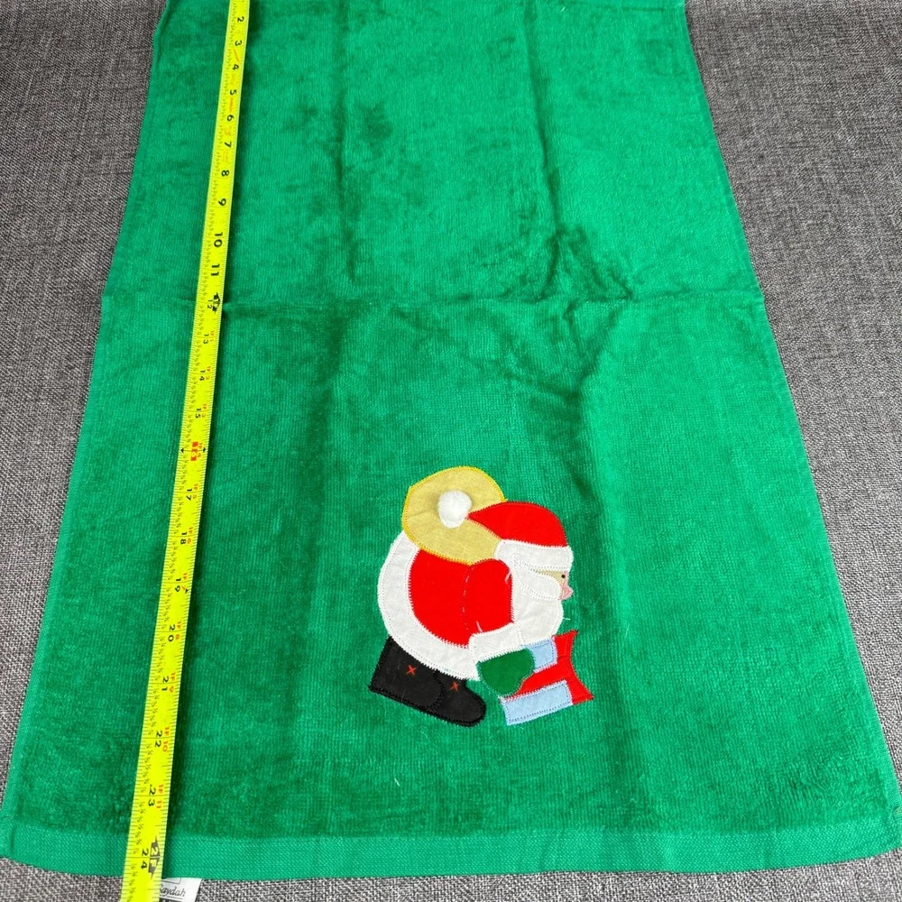 Cecil Saydah Christmas Towel Set 3pc Green Santa Applique Ramie Cotton Excellent